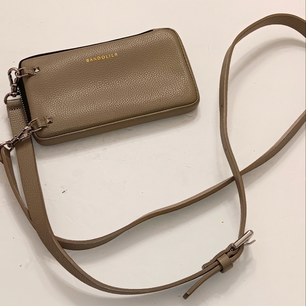 Bandolier Medium Taupe Neutral Crossbody Expanded Pouch Zip Closure Silver